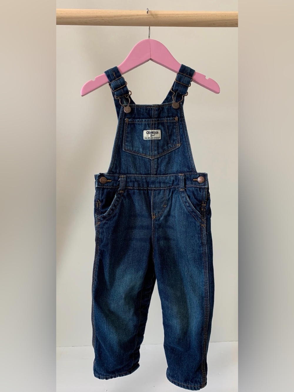 OshKosh B'gosh Hot Pink Fleece Lined Indigo Denim Kids Overalls 24M